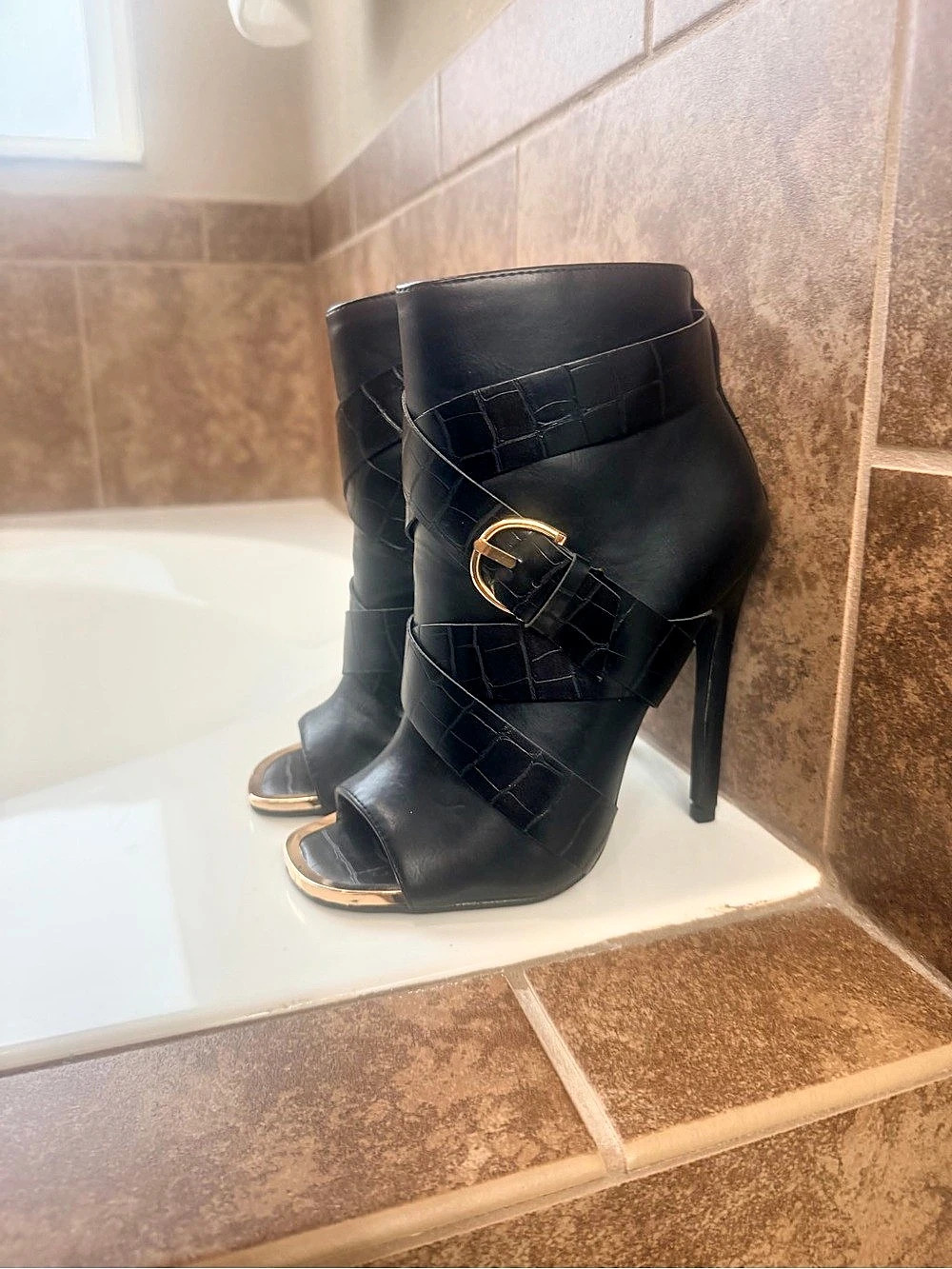 JUSTFAB Theda Black Open-Toe Heeled Boots